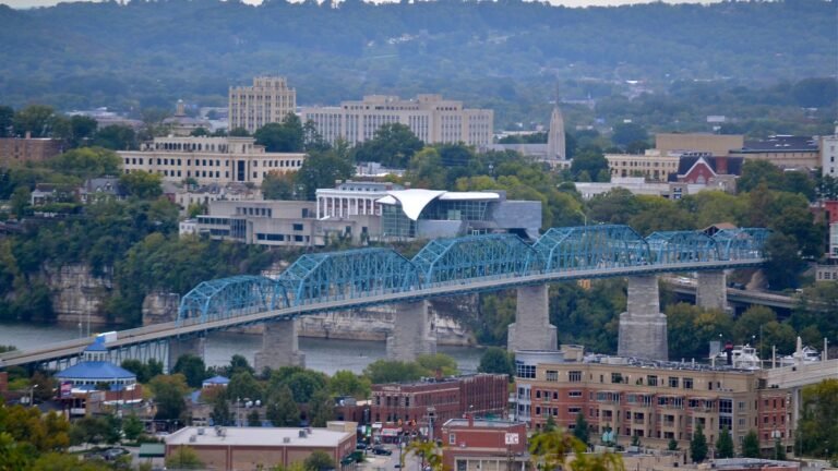 Chattanooga skyline and Walnut Street Bridge over the Tennessee River